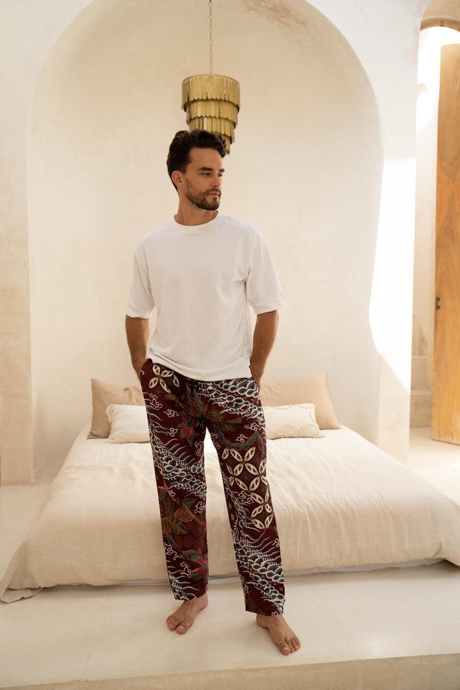 Men’s Cotton Batik Trousers in Burgundy