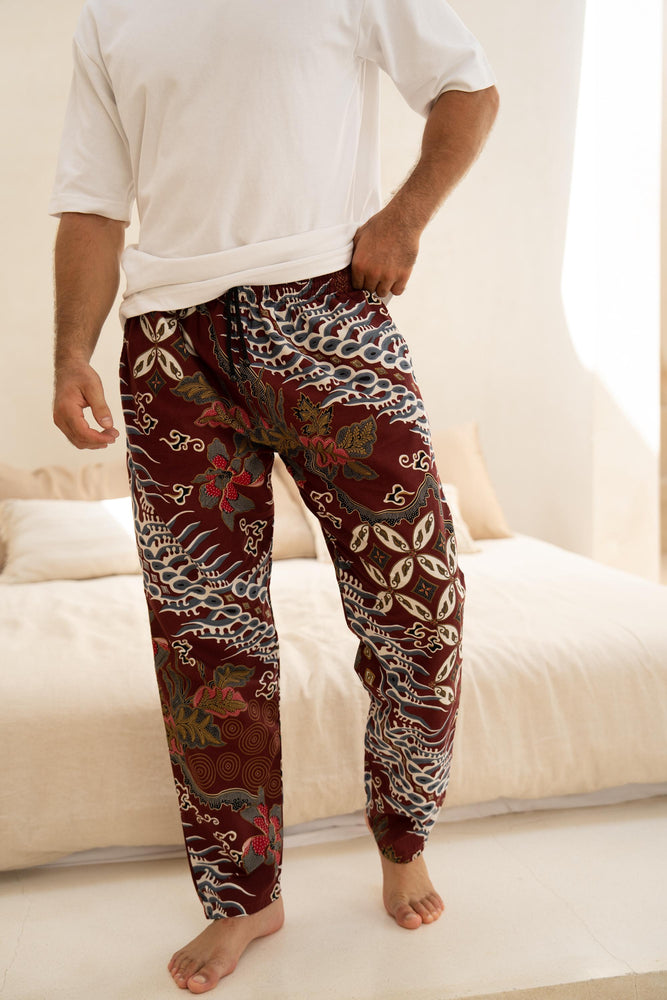 Men’s Cotton Batik Trousers in Burgundy