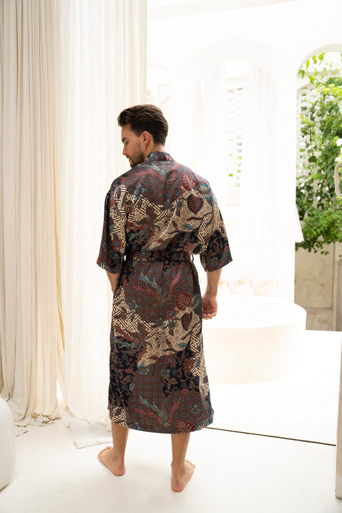 Navy Men's Silk Blend Full Length Kimono Robe