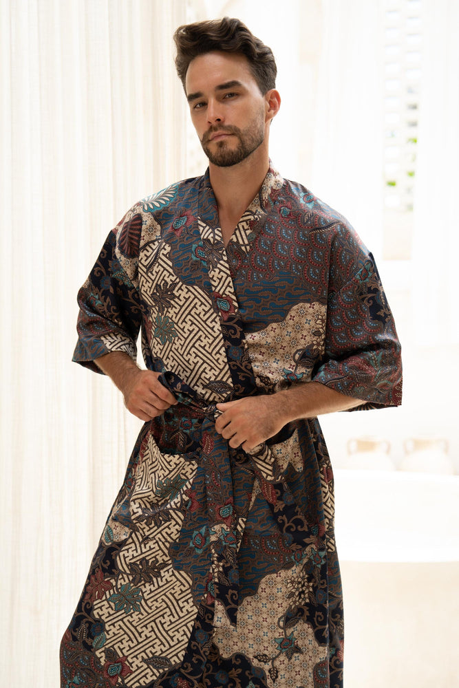 Navy Men's Silk Blend Full Length Kimono Robe