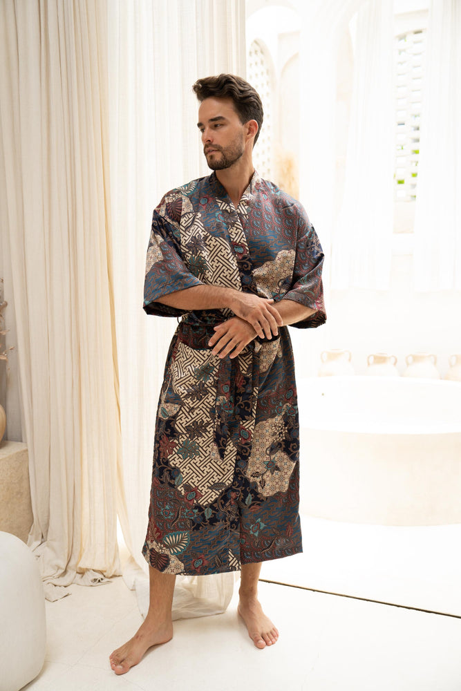 Navy Men's Silk Blend Full Length Kimono Robe