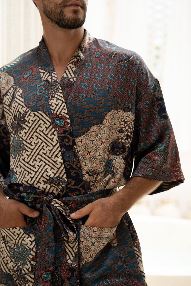 Navy Men's Silk Blend Full Length Kimono Robe