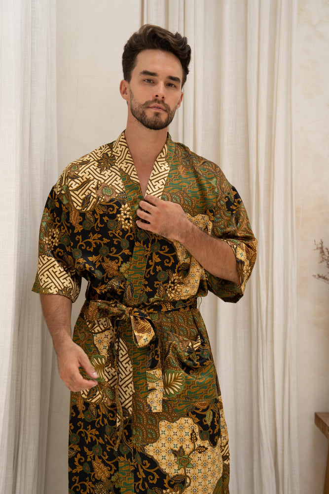 Green Men's Silk Blend Kimono Robe