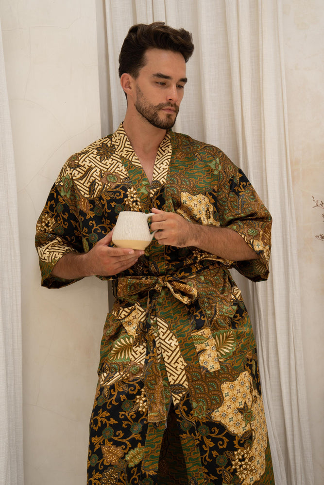 Green Men's Silk Blend Kimono Robe