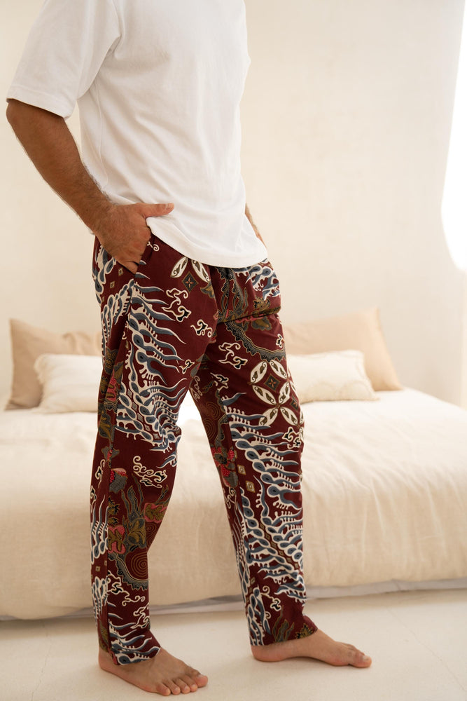Men’s Cotton Batik Trousers in Burgundy