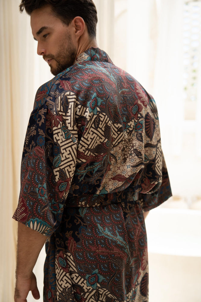 Navy Men's Silk Blend Full Length Kimono Robe