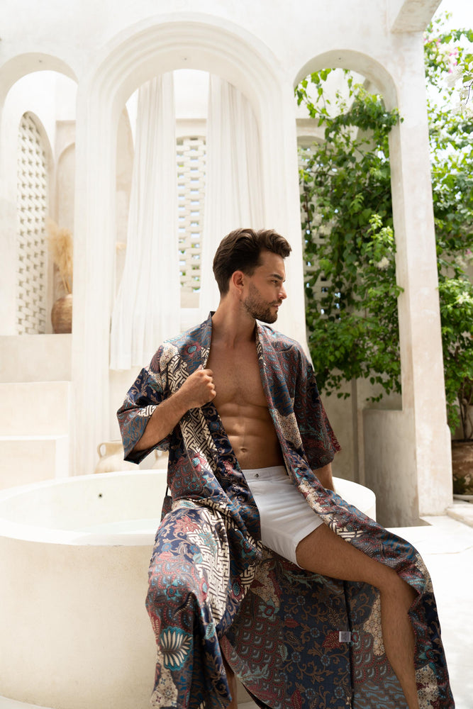 Navy Men's Silk Blend Full Length Kimono Robe