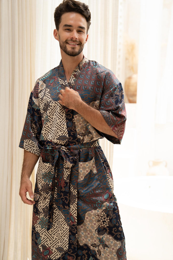 Navy Men's Silk Blend Full Length Kimono Robe