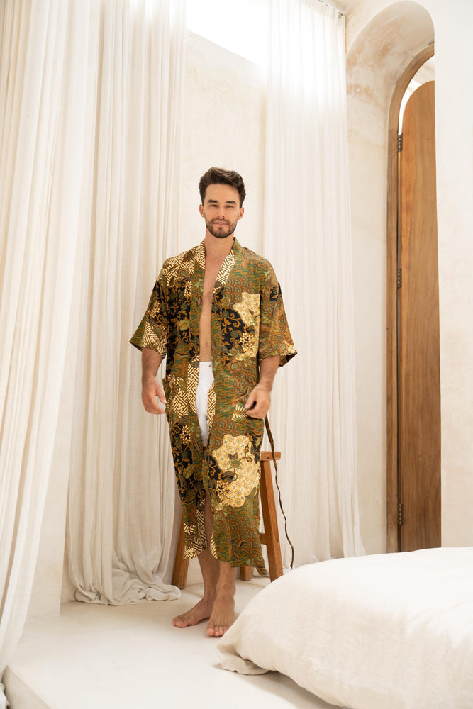 Green Men's Silk Blend Kimono Robe