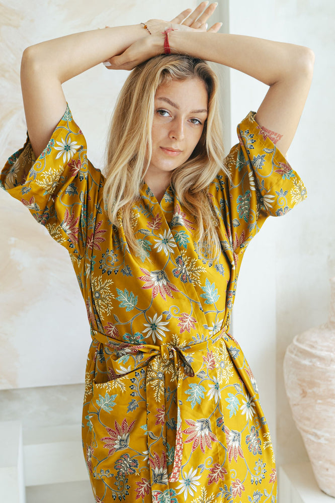 Dressing Gown Womens | Kimono Robe in Gold | Wear The World SUKARA Dressing Gown Womens | Kimono Robe in Gold | Wear The World SUKARA