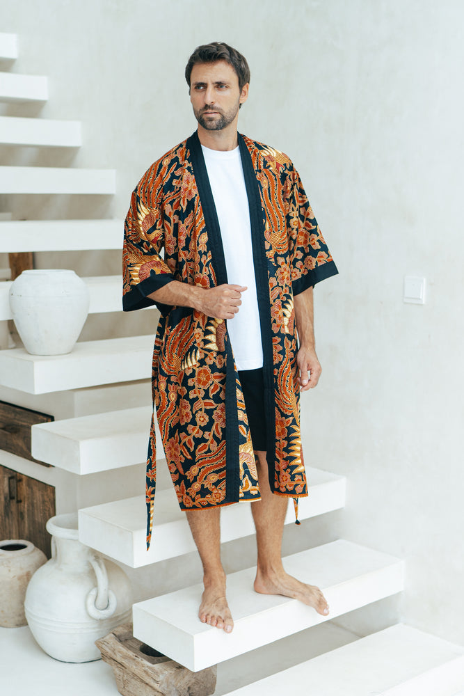 Men's Batik Robe in Red and Black