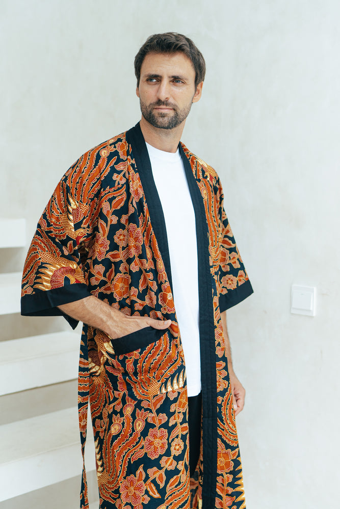 Men's Batik Robe in Red and Black