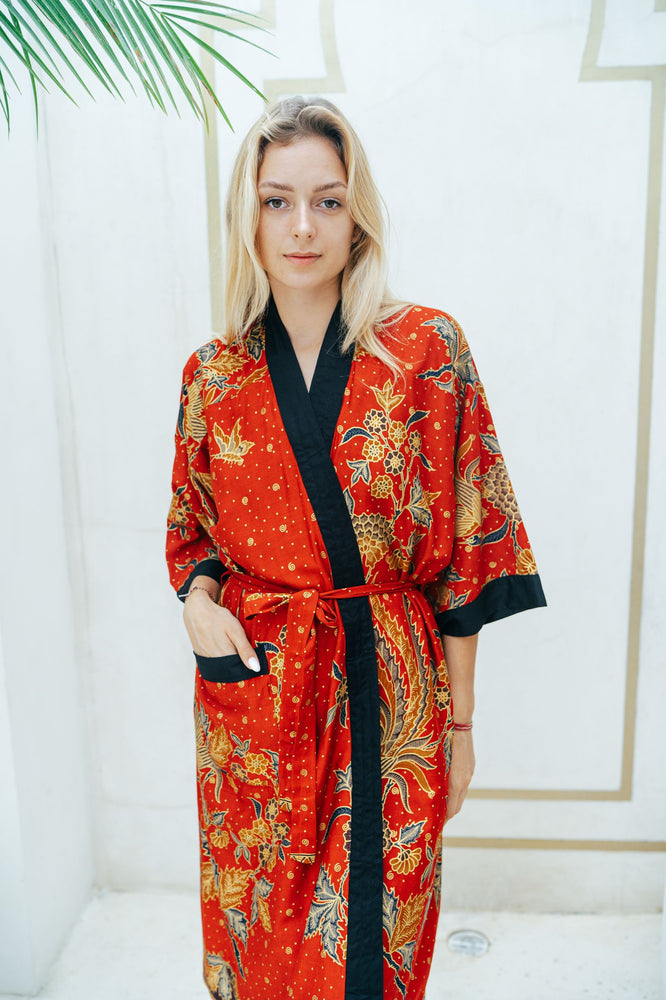 red kimono dressing gown Flying Crane and Peony Red Japanese Kimono Robe
