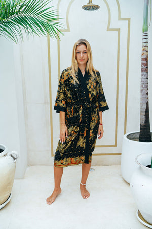 Batik Kimono Robe Womens | Black and Gold Kimono Robe | Wear the World SUKARA Batik Kimono Robe Womens | Black and Gold Kimono Robe | Wear the World SUKARA