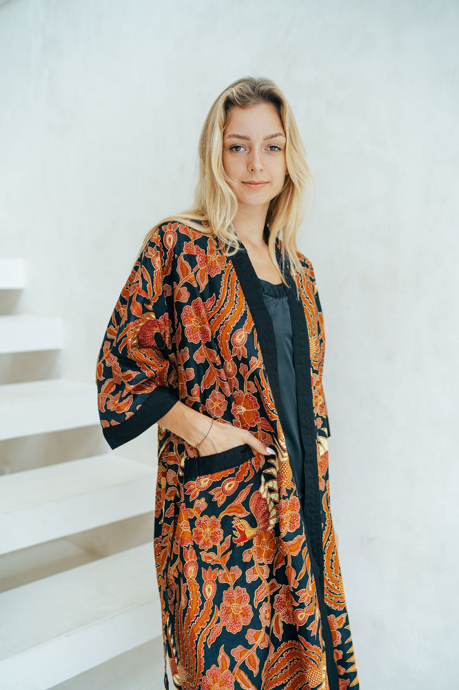 Red and Black Batik Kimono Robe