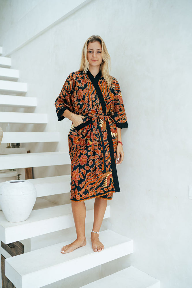 Red and Black Batik Kimono Robe