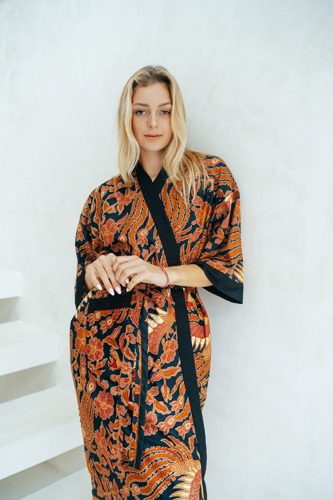 Red and Black Batik Kimono Robe